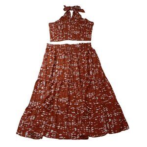 Heartloom Two-Piece Halter Top & Midi Skirt Set Size L Womens Rust & White